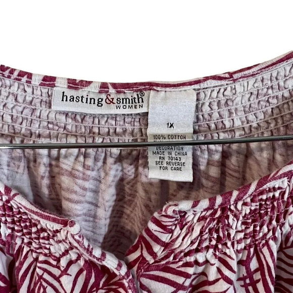 Hasting & Smith Top Plus 1X Pink White Tropical Leaf Pattern Henley Seersucker - Picture 8 of 8